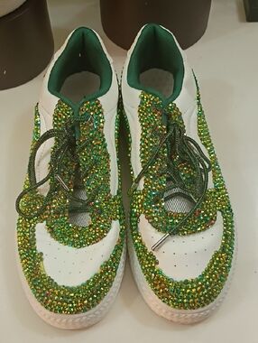 Women’s White Sneakers with Green Crystal Embellishments